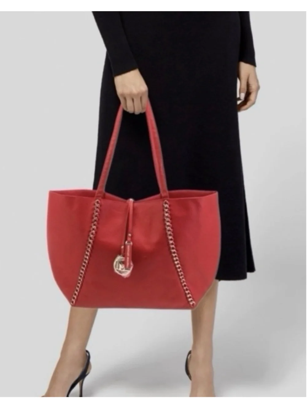 Badgley Mischka Womens Large Chain Tote Shoulder Bag Vegan Leather Red NWT 139.0 - Picture 2 of 7